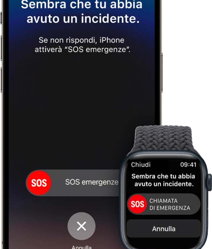 iPhone e Apple Watch con la funzione di emergenza attiva