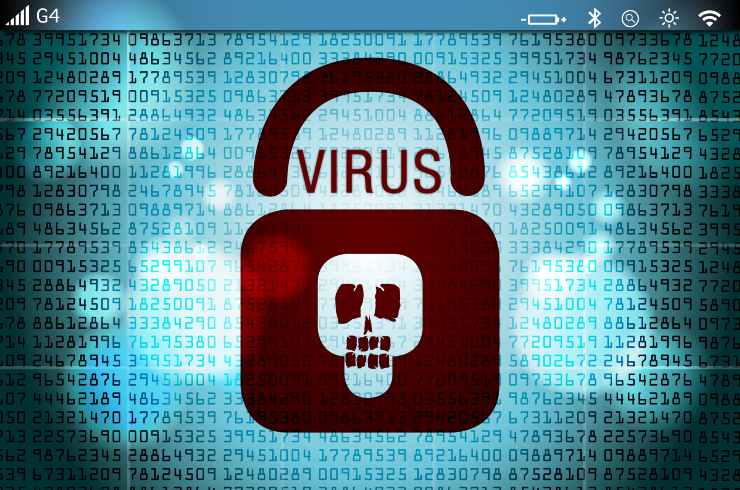 Rappresnetazione di un virus informatico sottoforma di lucchetto rosso