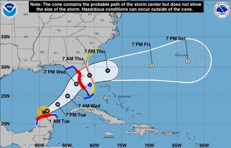 Previsione di dove colpirà l'Uragano Milton (NOAA)