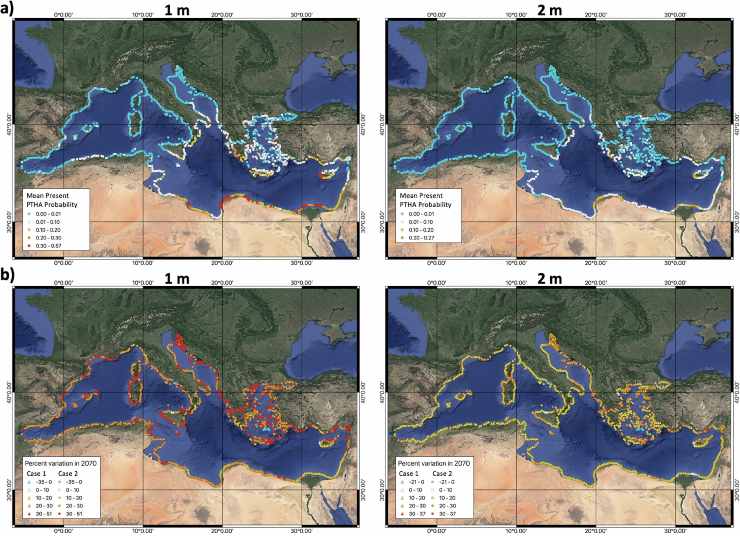 Mappe che illustrano il cambiamento delle coste in base al livello d'innalzamento del mare (Grezio et al., 2024)