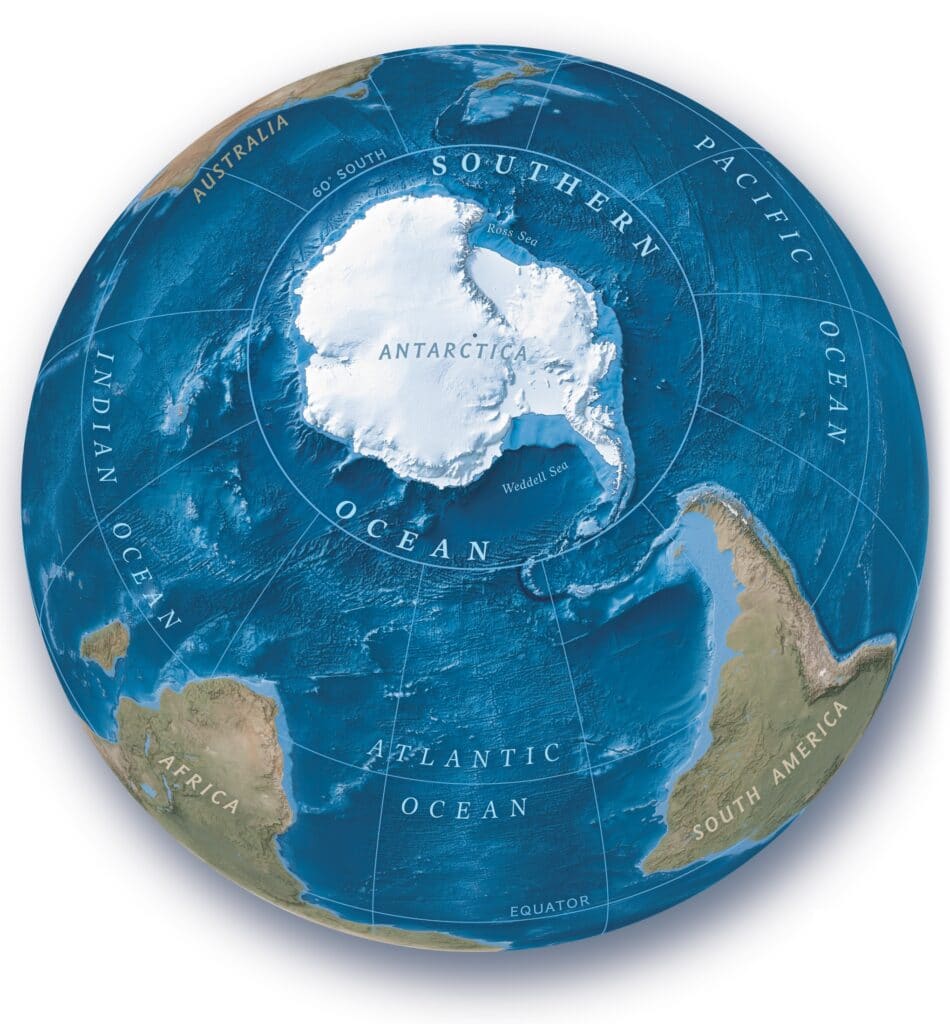 Localizzazione dell'oceano Antartico (Southern) e di altri tre dei cinque oceani terrestri: Pacifico, Atlantico, Indiano. Crediti: Matthew W. Chwastyk, and Soren Walljasper, NGM Staff. Eric Knight Sources: NASA/JPL; Green Marble