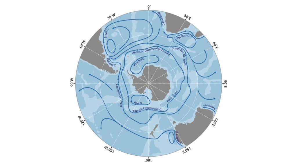 Le tipiche correnti che caratterizzano l'oceano Antartico, tra le più importanti la ACC che viaggia da ovest a est e definisce i confini del Southern Ocean. Crediti: Shutterstock.