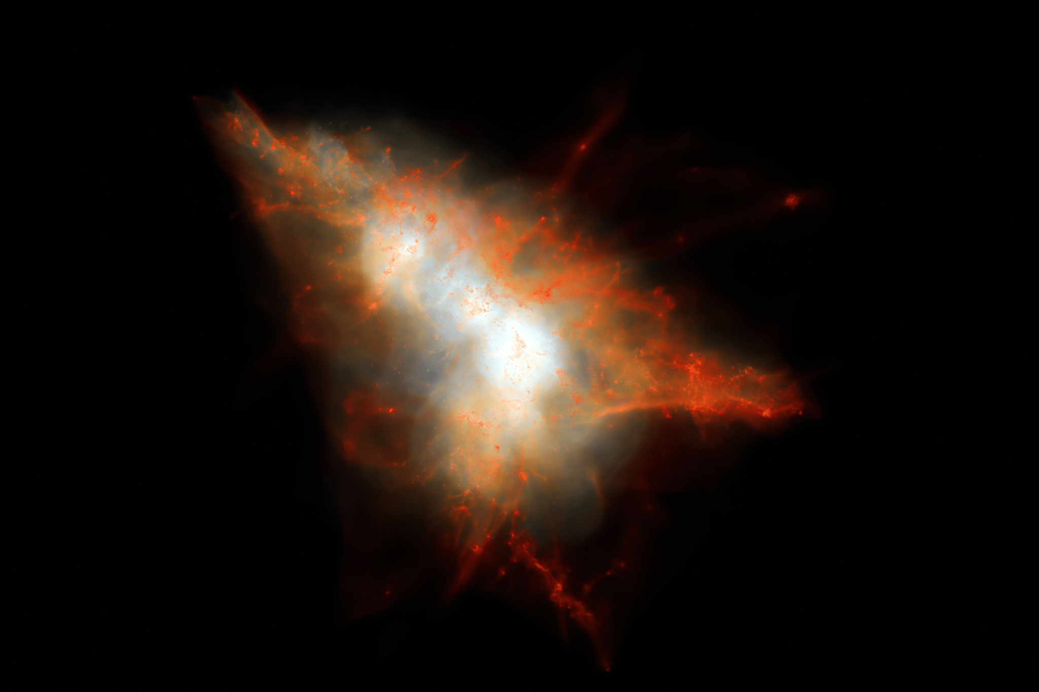 Istantanea presa da una simulazione cosmologica di un “blob” Lyman-alfa simile a LAB-1. Crediti: J.Geach / D.Narayanan / R.Crain